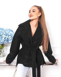 Късо дамско палто с колан в черно - код 0121
