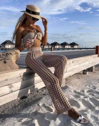 Атрактивен дамски плажен сет с бюстие и дълъг панталон с висока талия в бежово - код 9129