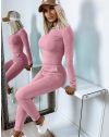 Дамски спортно-елегантен комплект блуза с дълъг ръкав и панталон в розово - код 12056