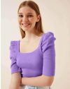 Дамска изчистена блуза с атрактивни ръкави рипс в лилаво - код 1300